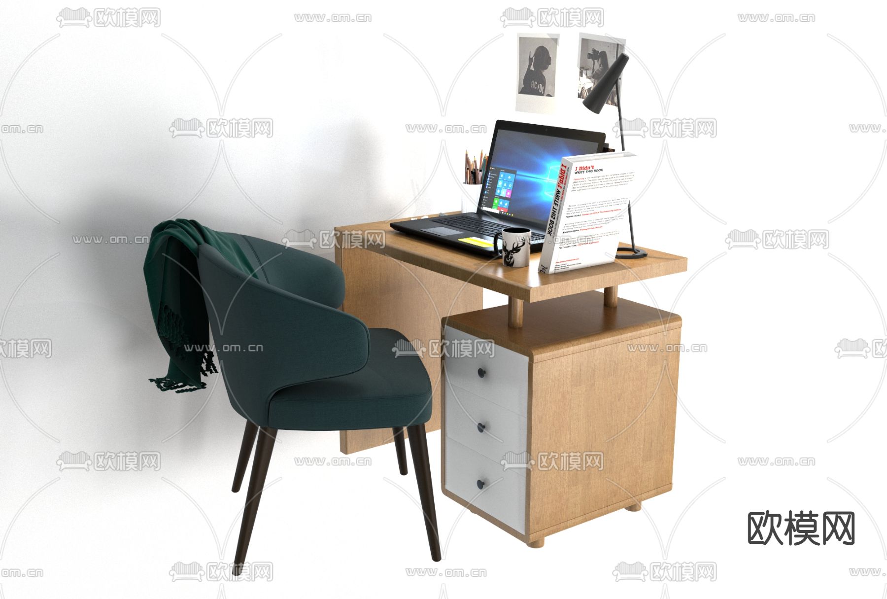 北欧实木书桌椅免费3d模型下载