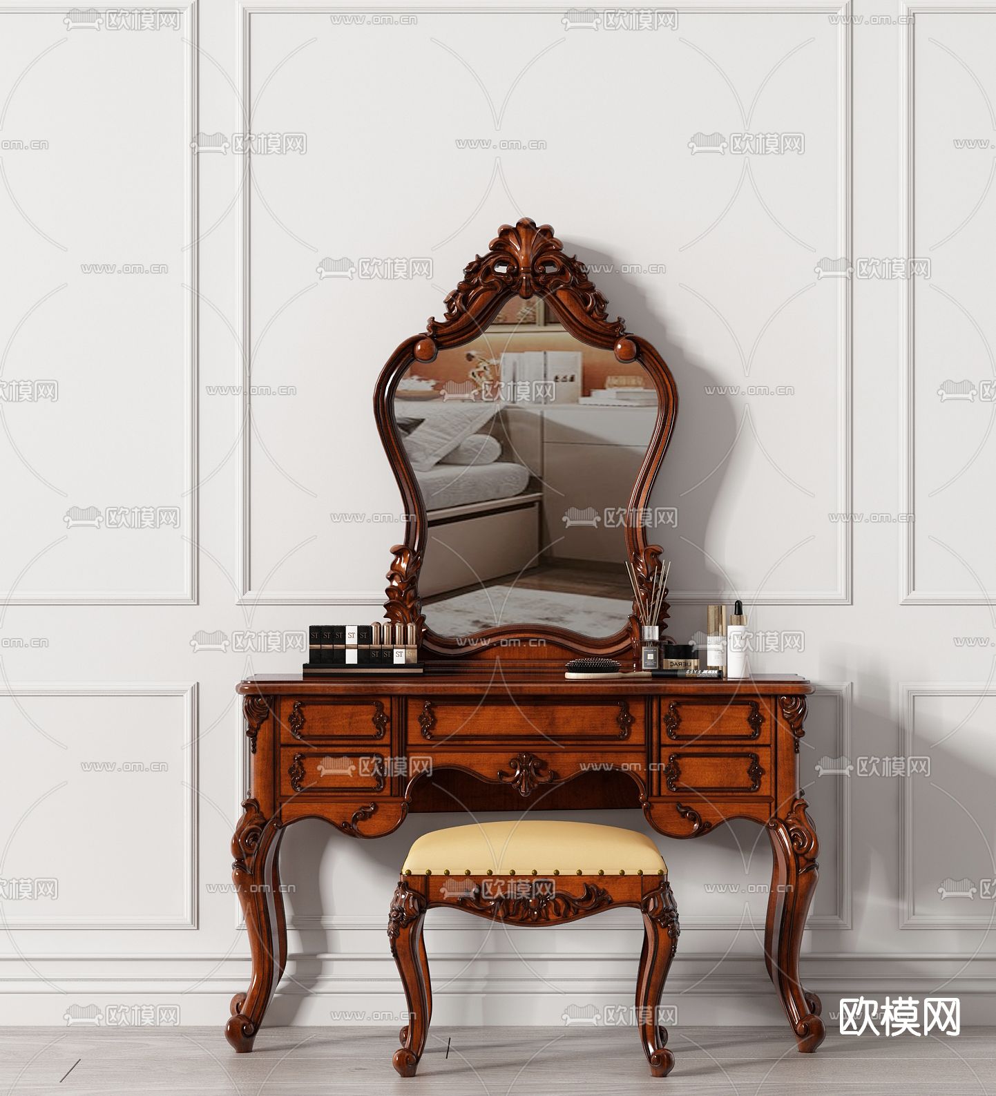 美式实木梳妆台su模型下载（渲染图1）