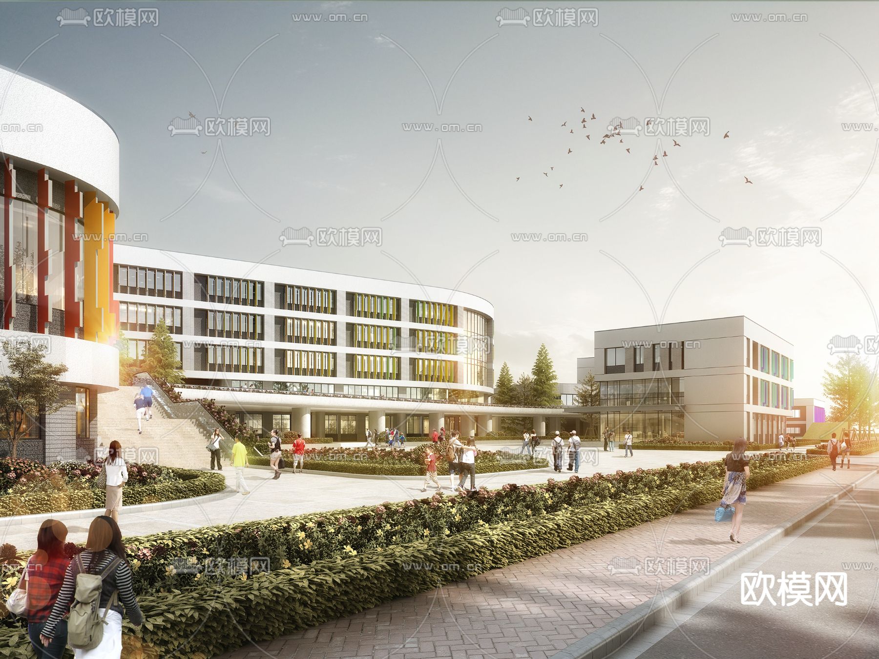 现代学校教学楼外观3d模型下载