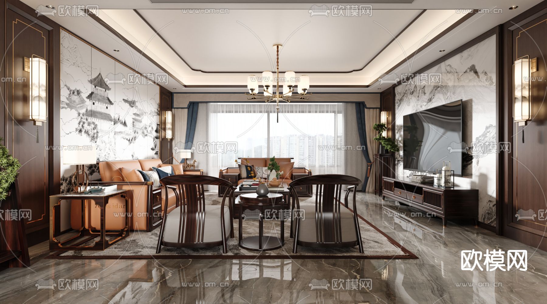 新中式客厅餐厅3d模型