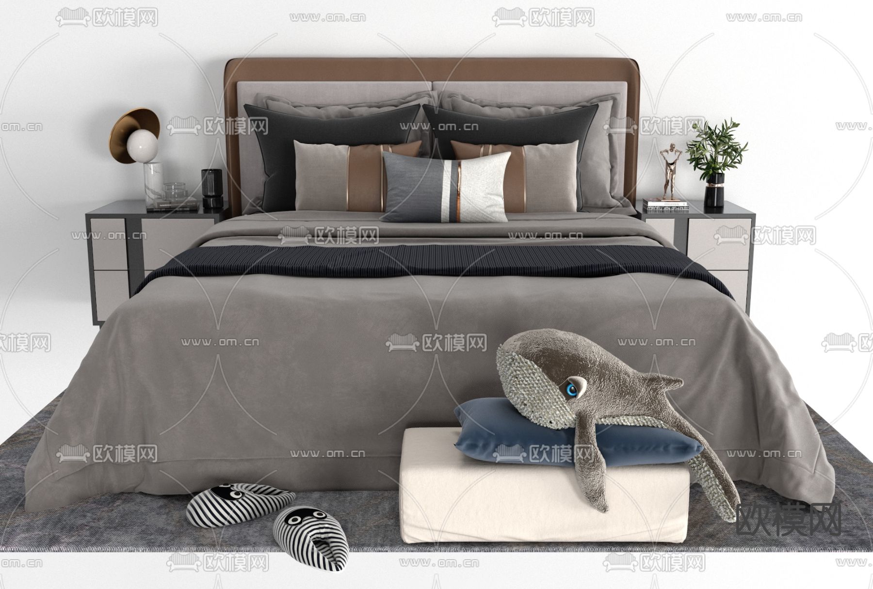 新中式布艺双人床免费3d模型下载