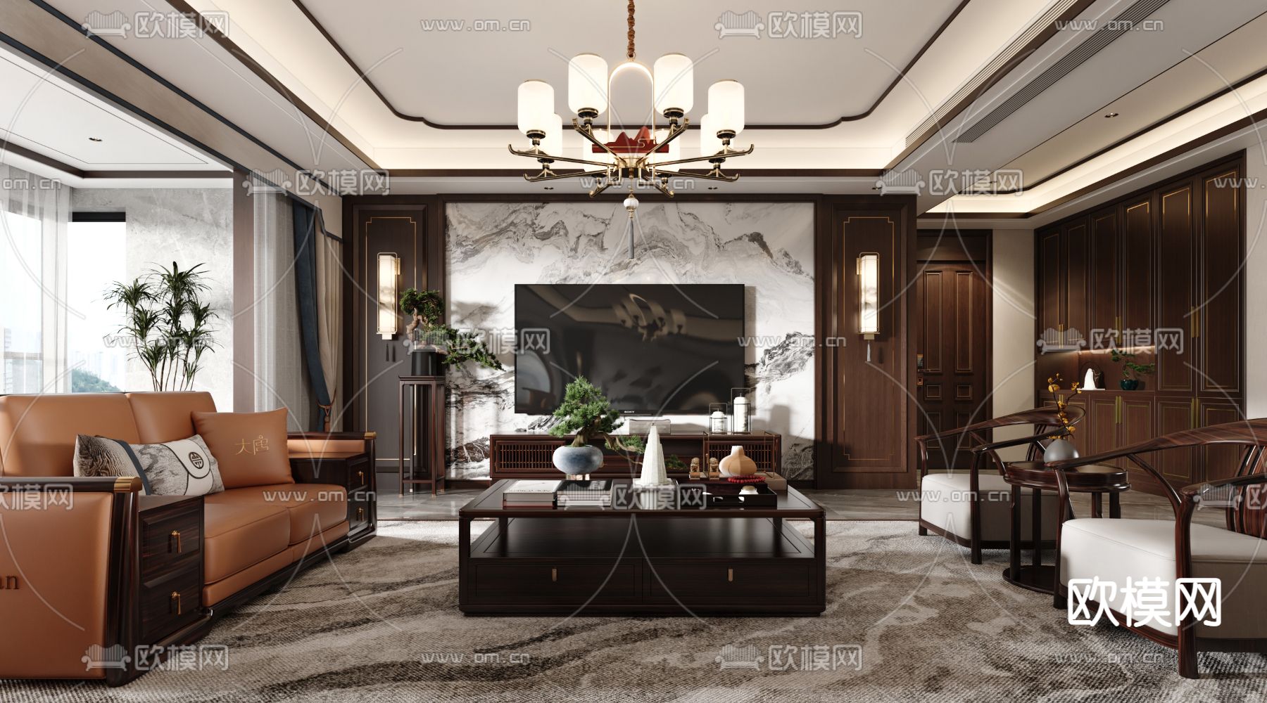 新中式客厅餐厅3d模型