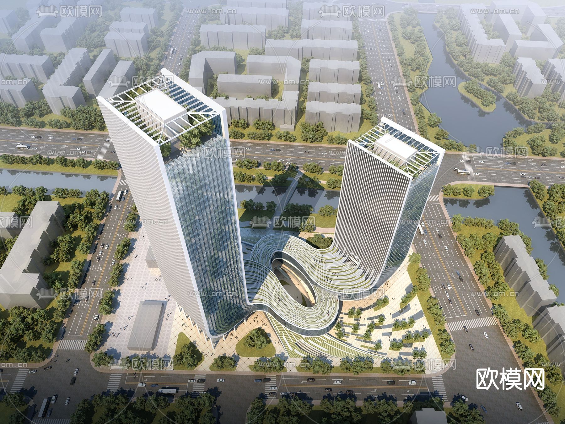 现代高层办公楼鸟瞰su模型下载（渲染图1）