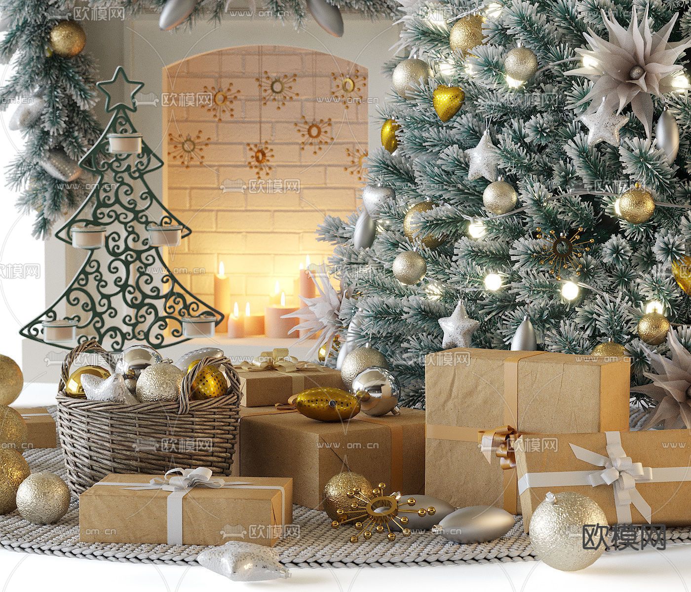 现代圣诞树礼物盒装饰摆件3d模型下载（渲染图4）