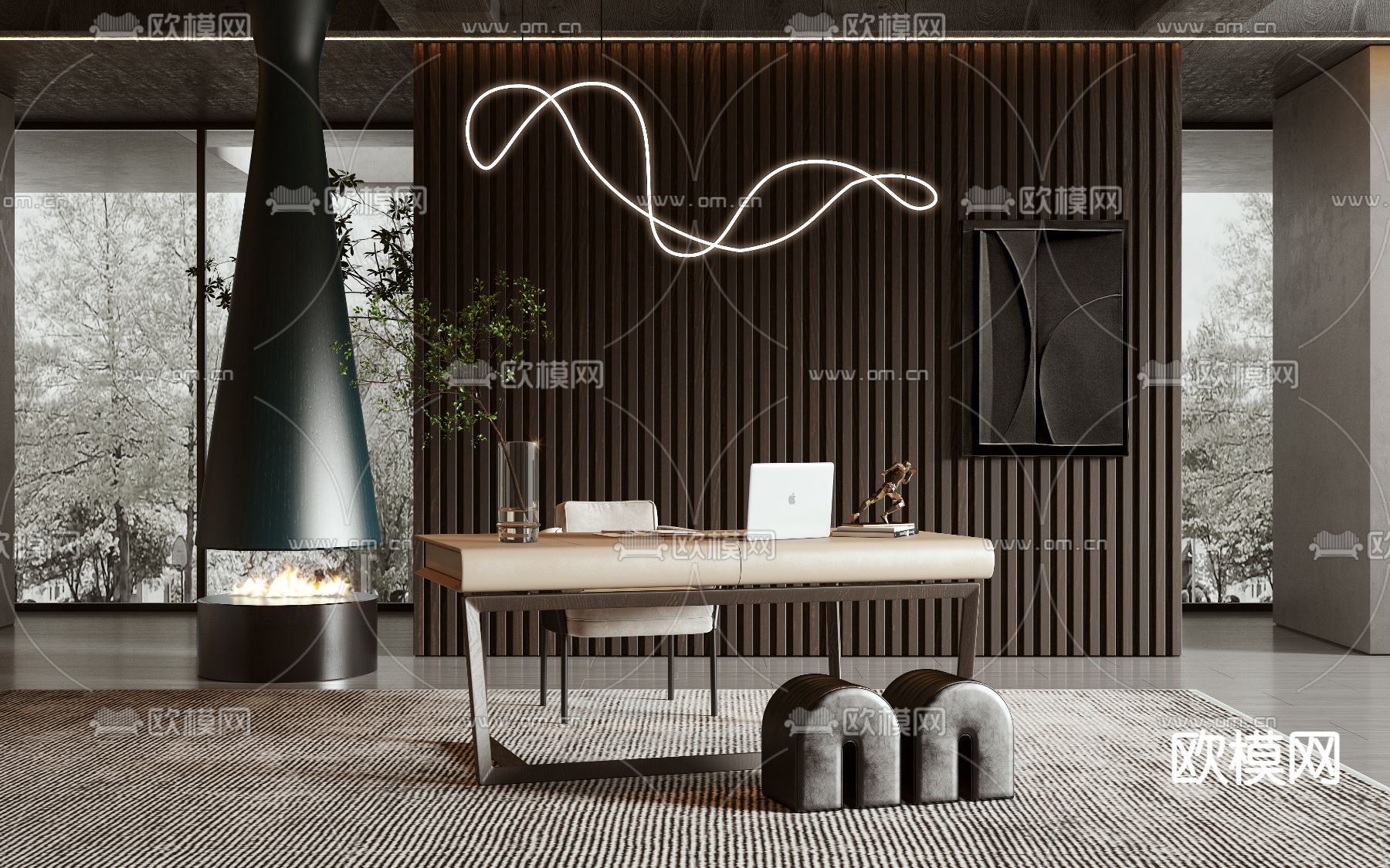 现代实木书桌椅3d模型下载