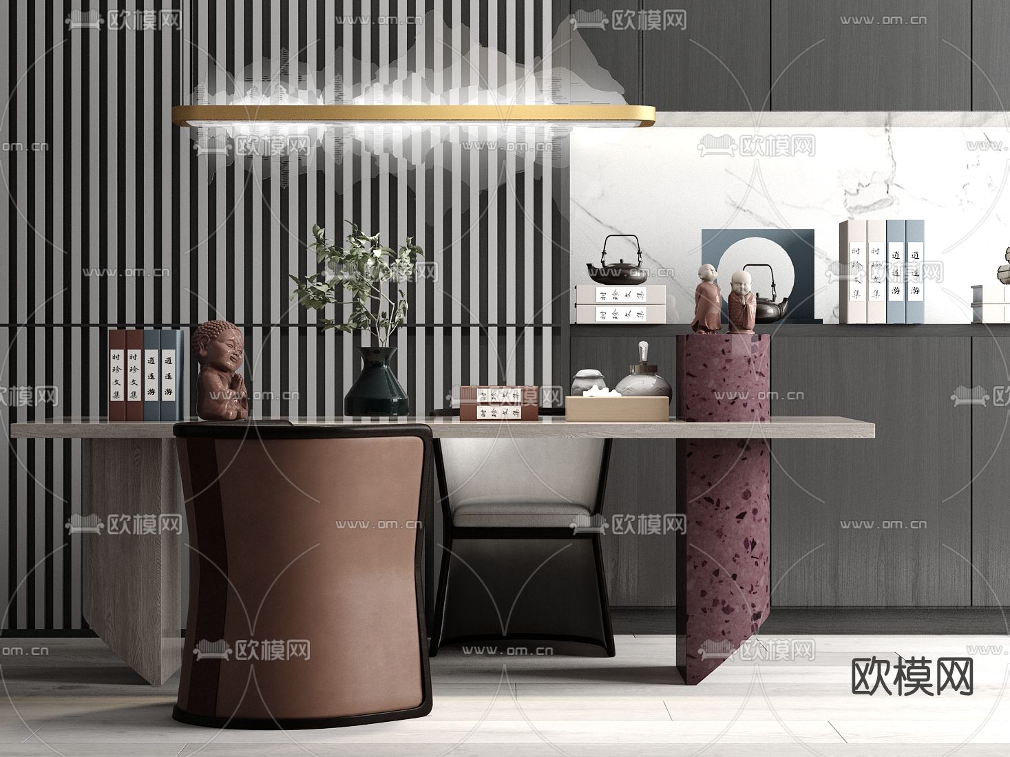 新中式书桌椅su模型下载