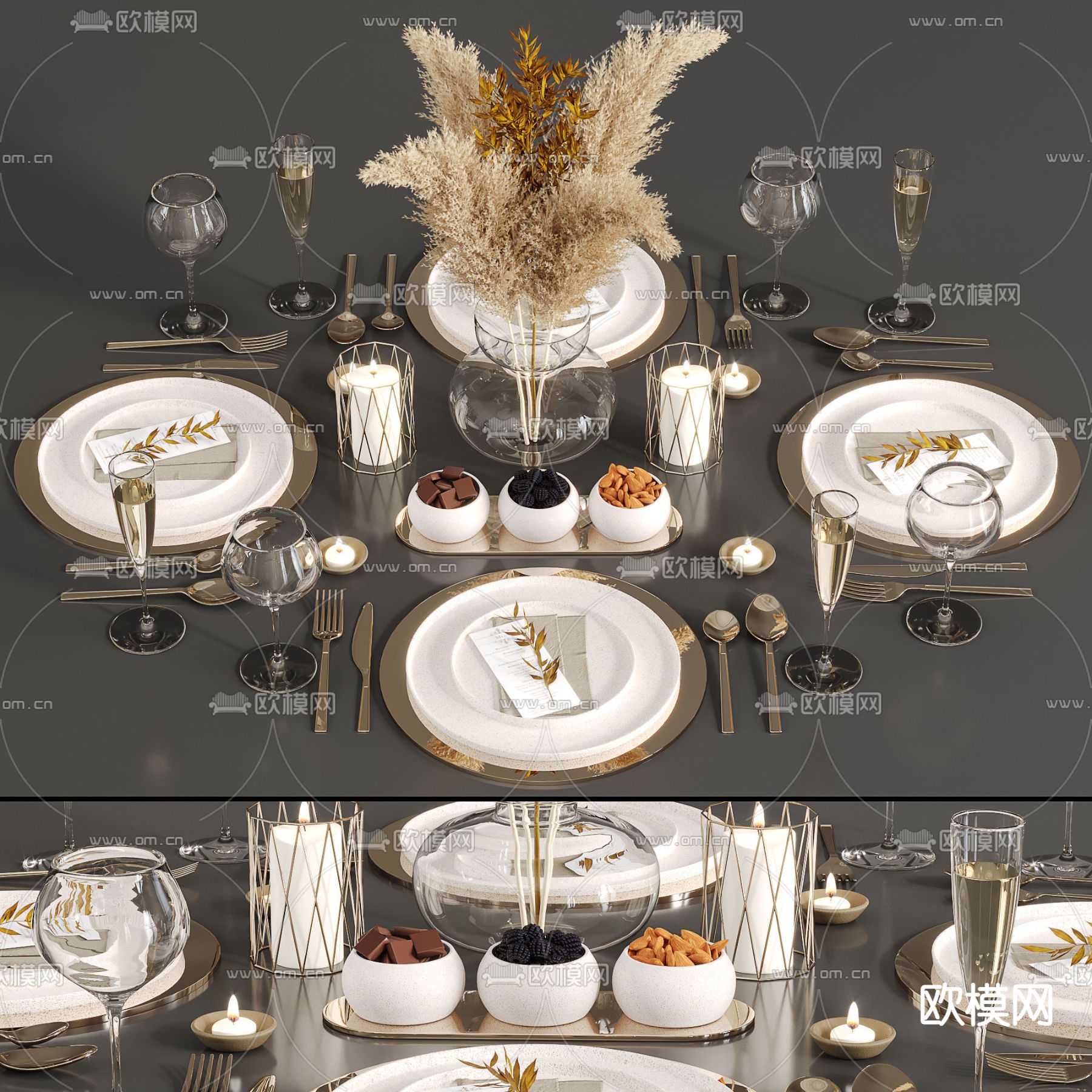 现代餐具酒水烛台组合3d模型下载（渲染图1）