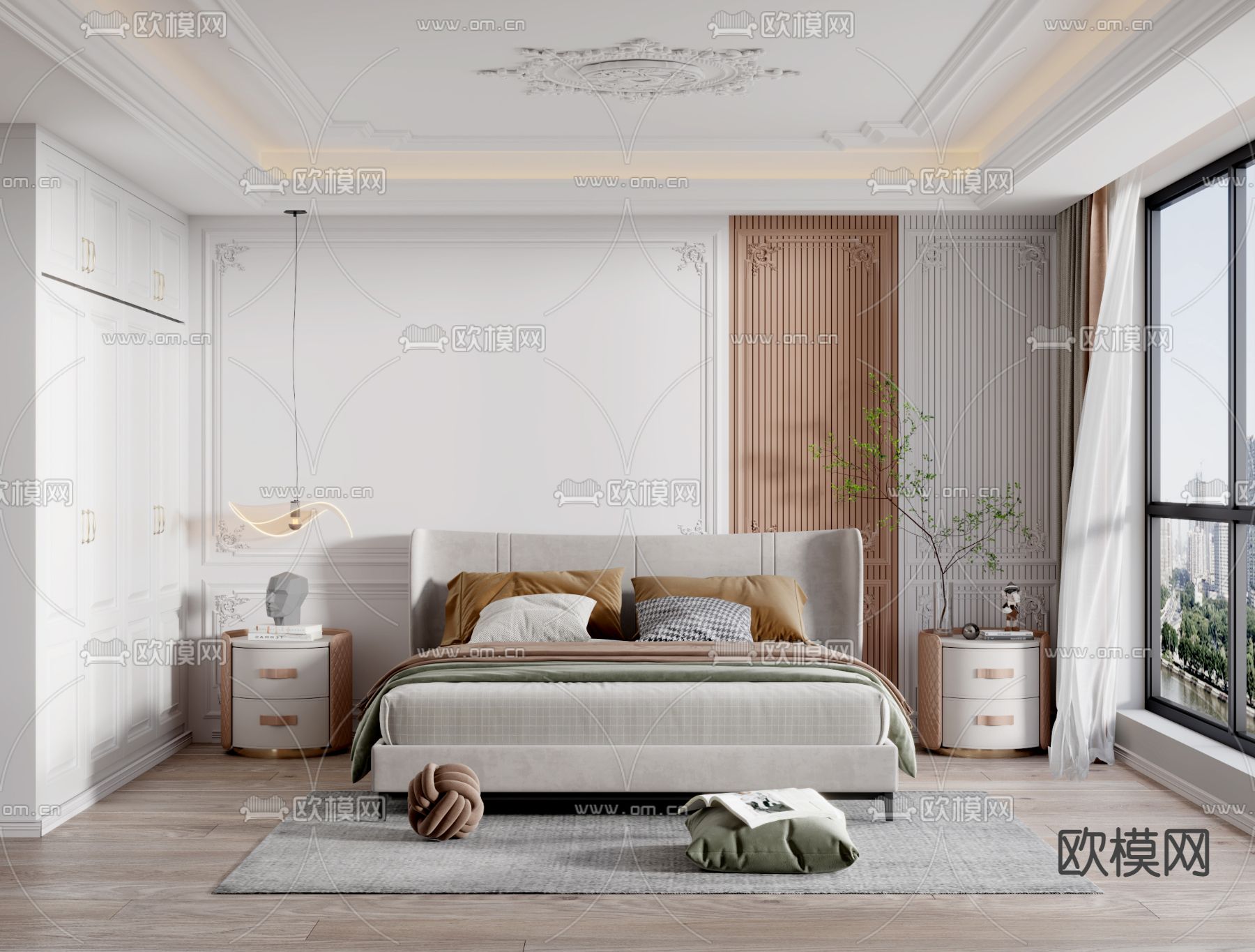 简欧卧室主人房3d模型下载（渲染图1）