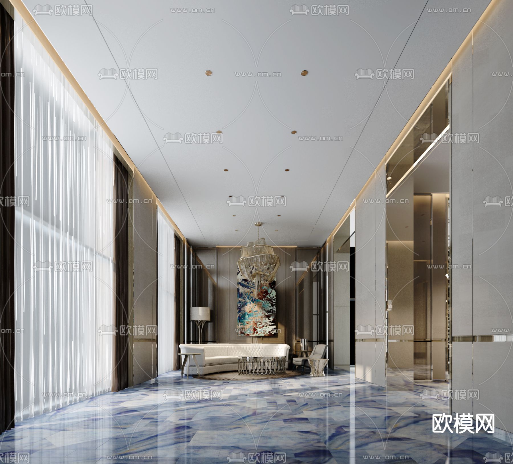 现代酒店公司大堂休息区免费3d模型下载