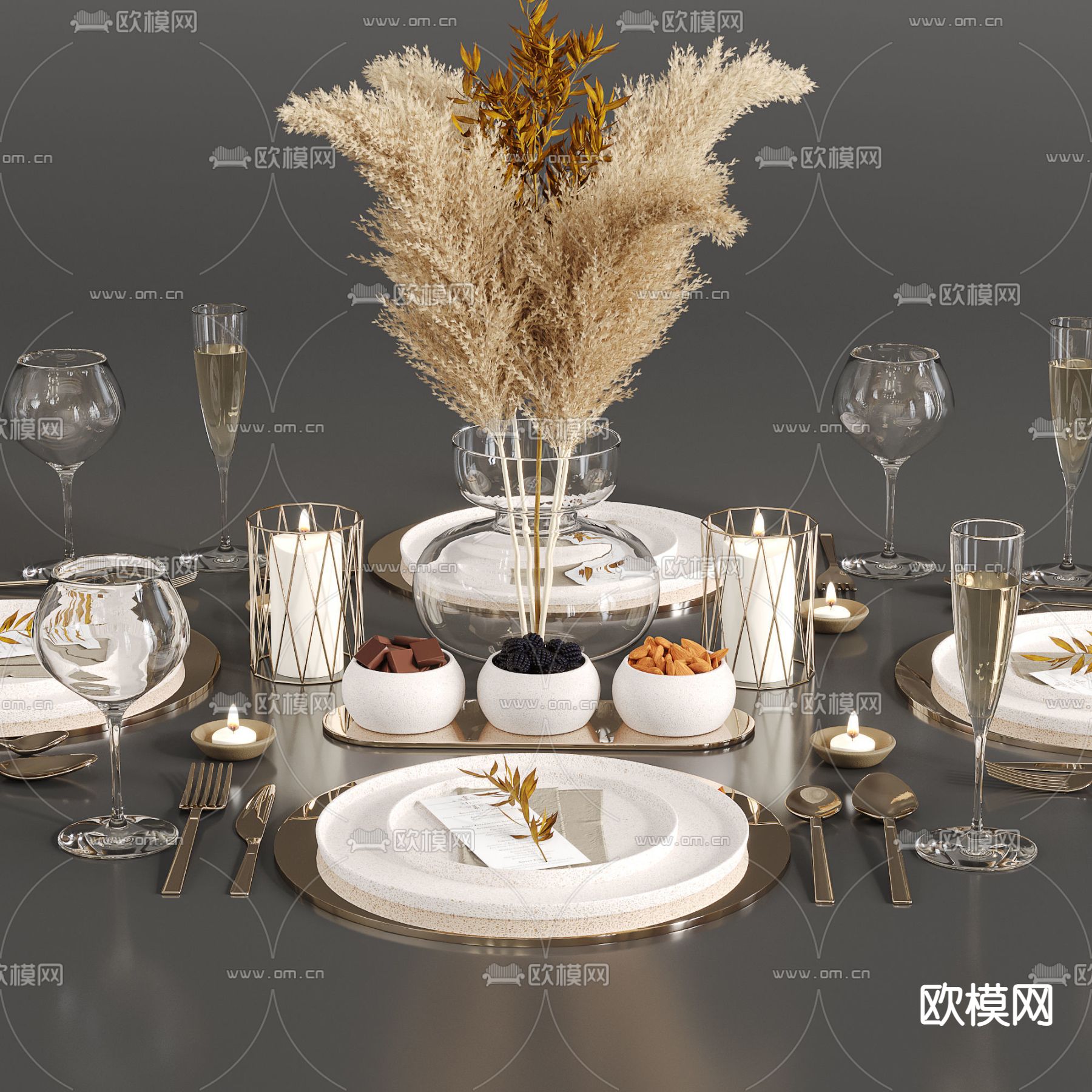 现代餐具酒水烛台组合3d模型下载（渲染图3）