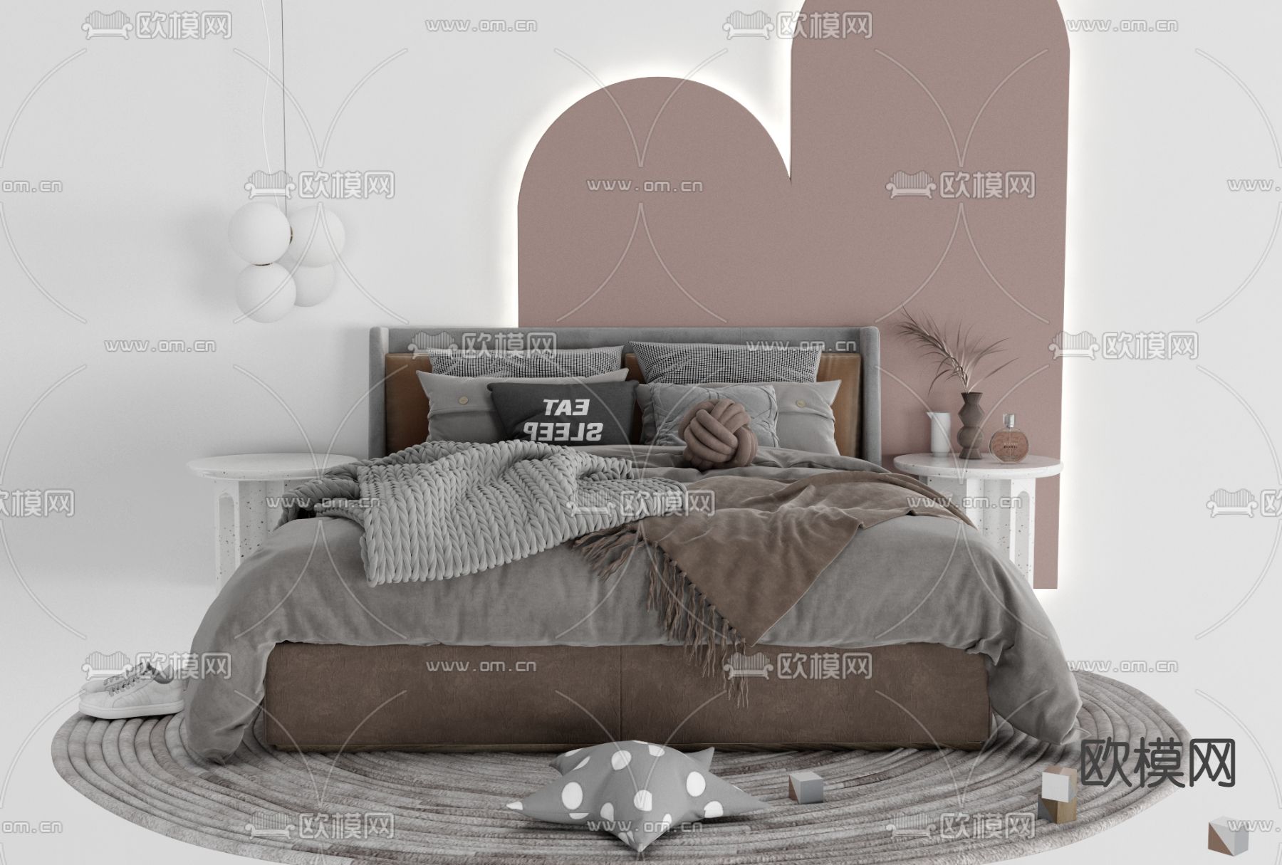 北欧布艺双人床免费3d模型下载