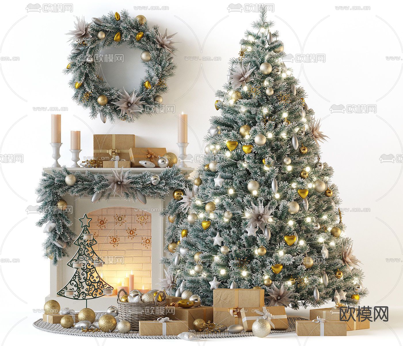 现代圣诞树礼物盒装饰摆件3d模型下载（渲染图1）