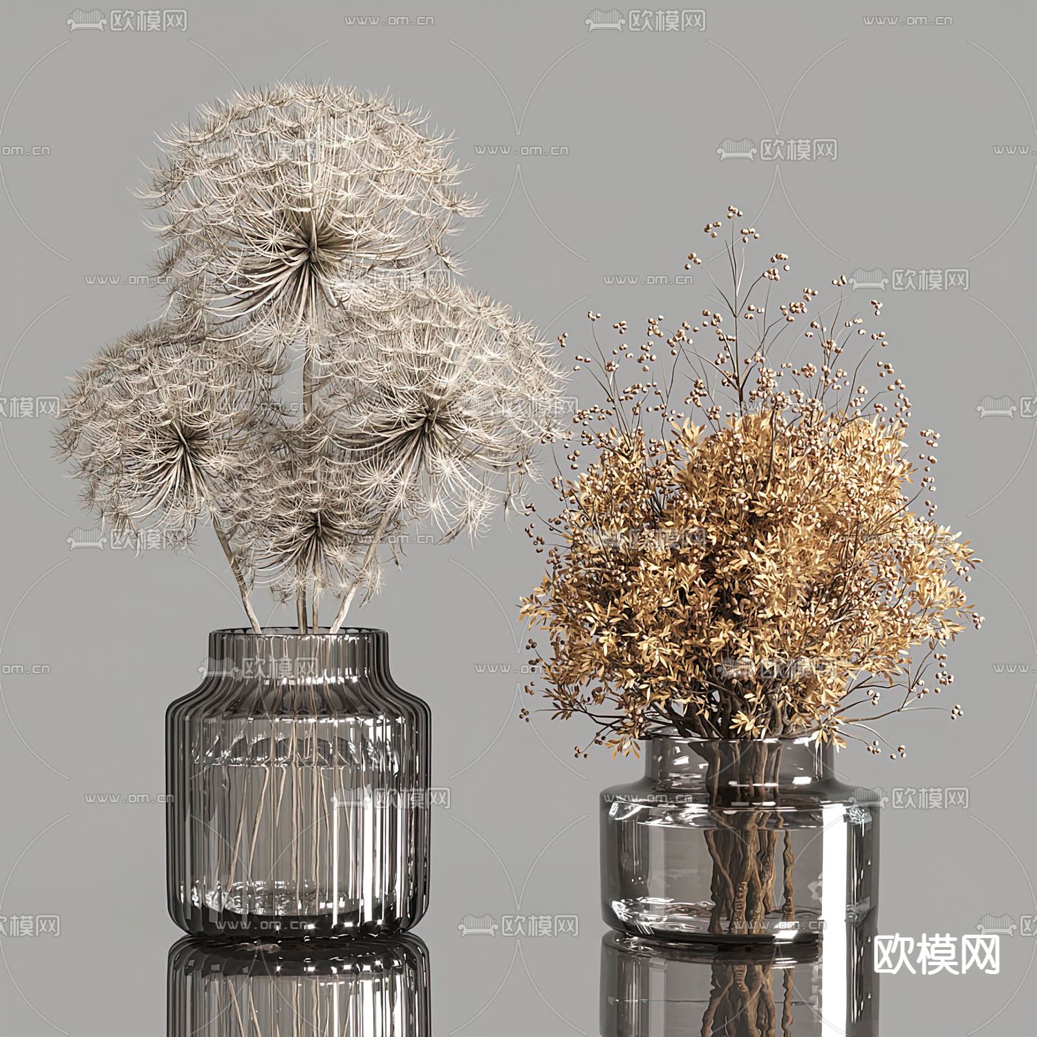 现代芦苇干枝玻璃花瓶3d模型