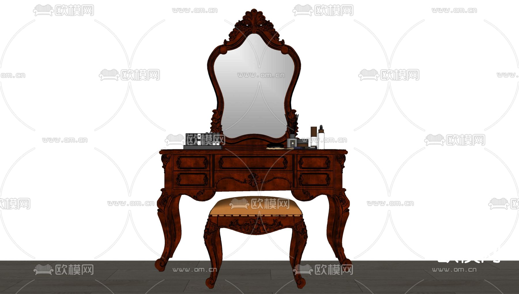美式实木梳妆台su模型下载（渲染图2）