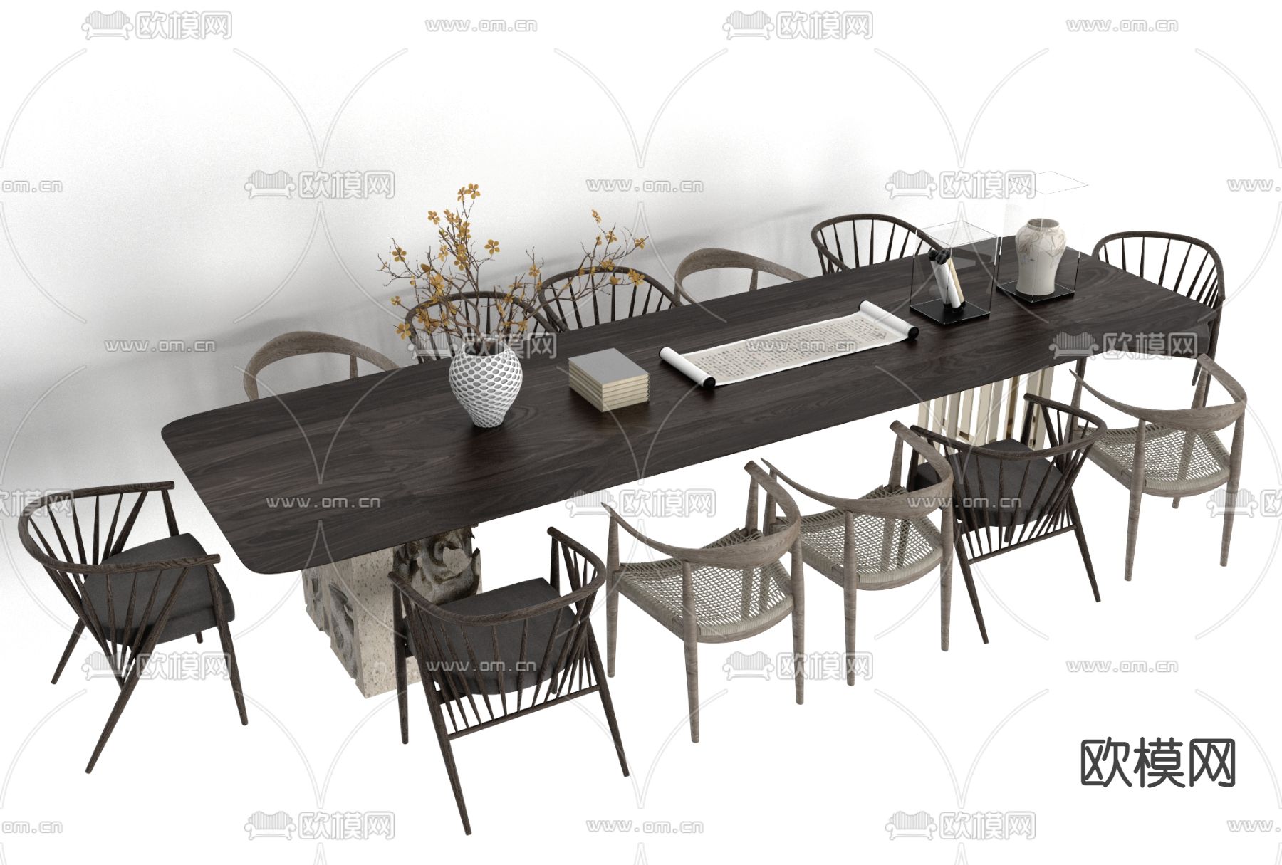 新中式实木休闲桌椅免费3d模型下载