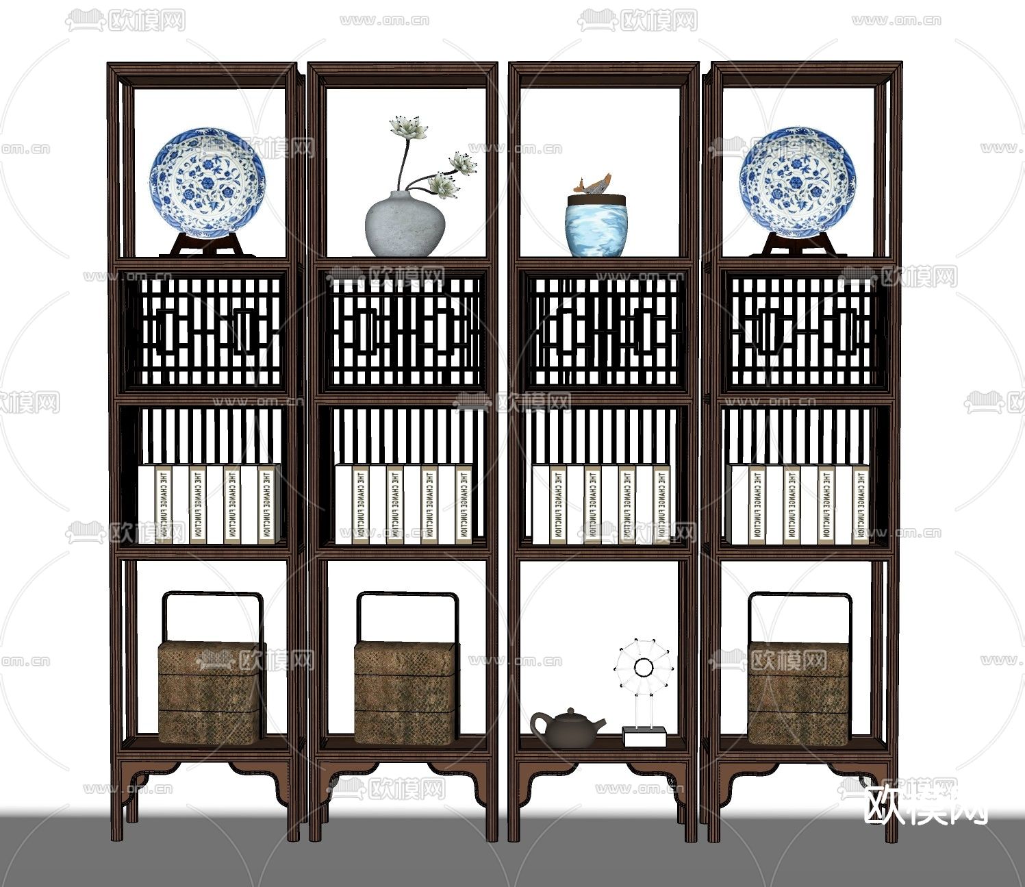新中式实木博古架su模型下载（渲染图2）