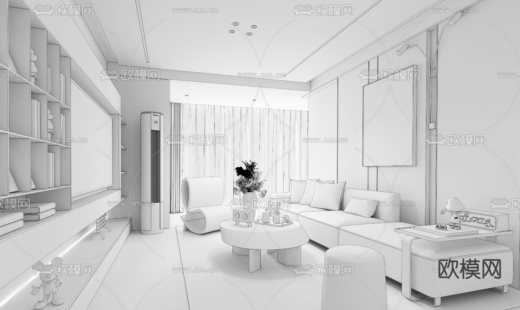 德方圆设计 现代客厅3d模型下载（渲染图2）