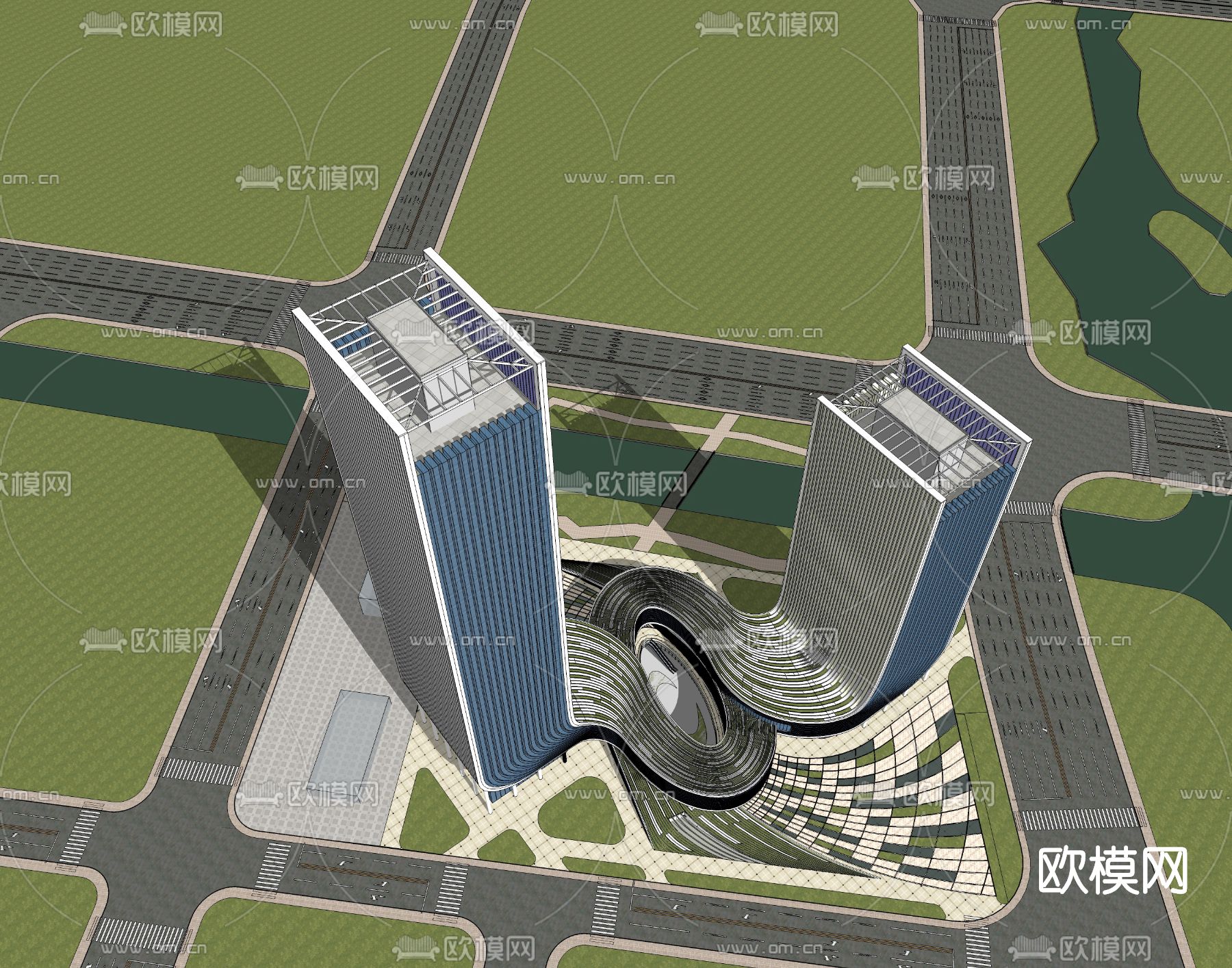 现代高层办公楼鸟瞰su模型下载（渲染图3）