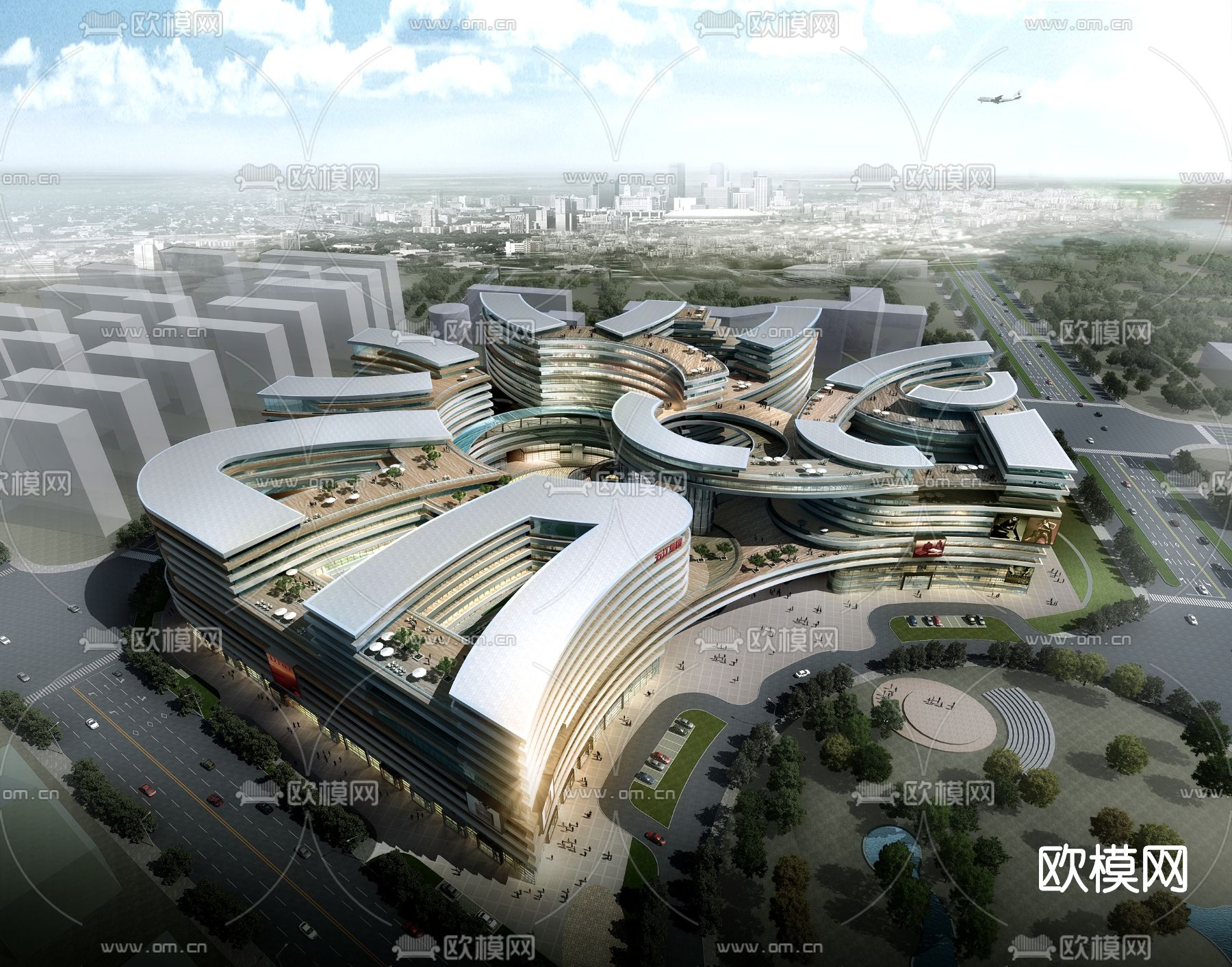 现代商业办公楼鸟瞰su模型下载（渲染图1）