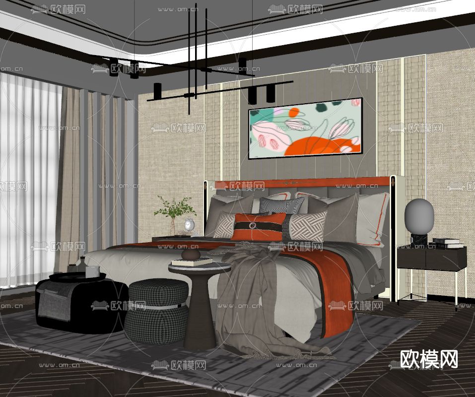 现代布艺双人床su模型下载（渲染图2）