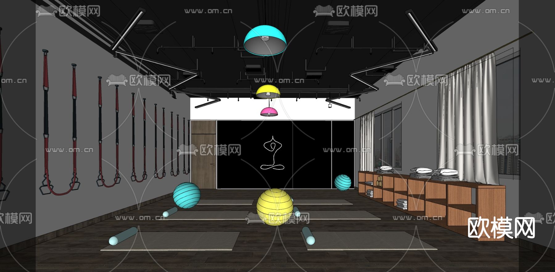 现代健身房瑜伽室su模型下载（渲染图2）