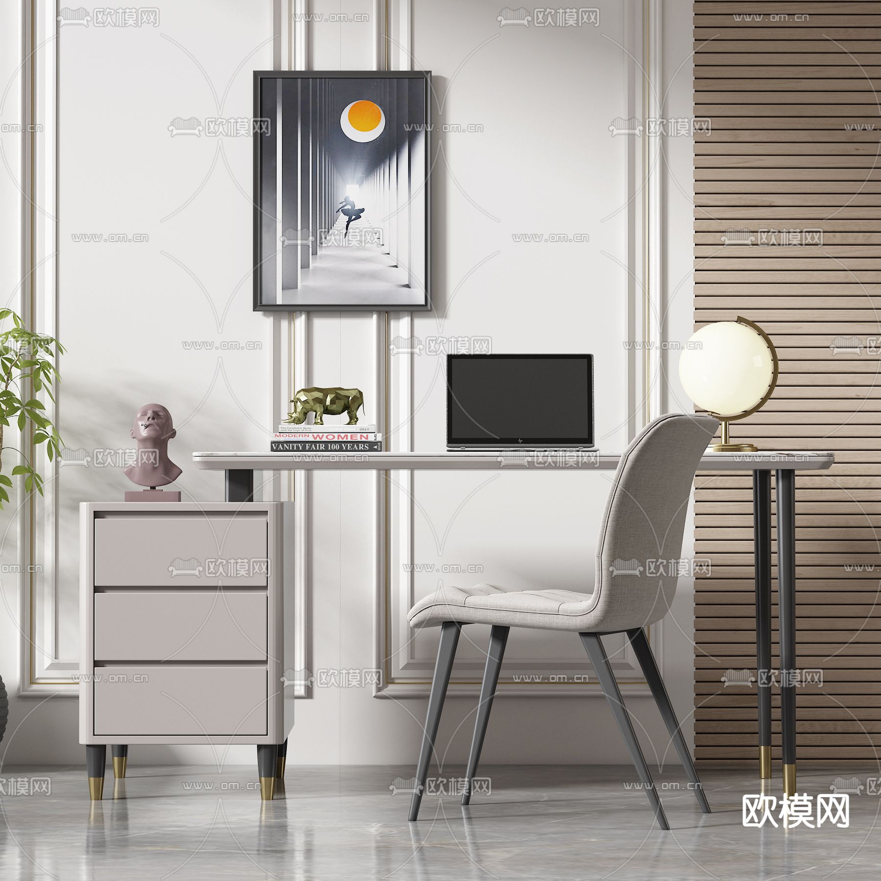 现代轻奢书桌椅3d模型下载（渲染图1）