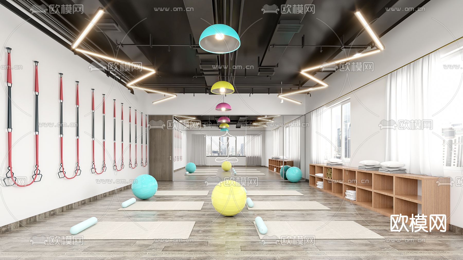 现代健身房瑜伽室su模型下载（渲染图1）