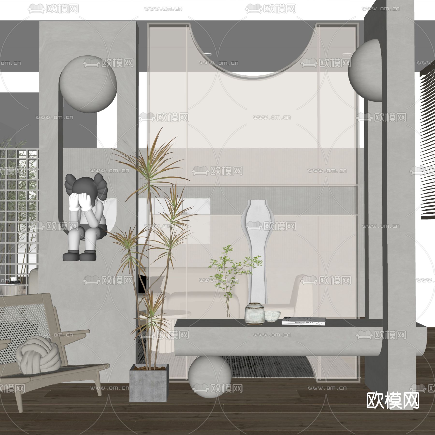 现代玄关玻璃隔断su模型下载（渲染图2）