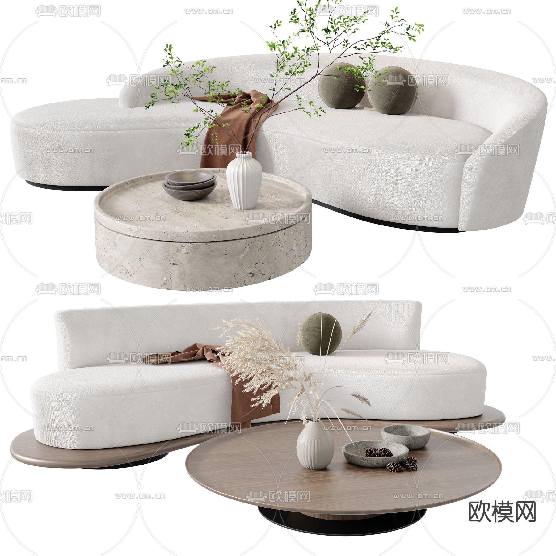 侘寂布艺弧形沙发3d模型下载