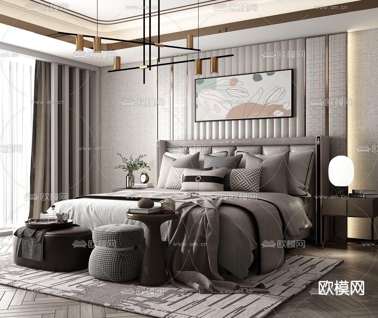 现代布艺双人床su模型下载（渲染图1）