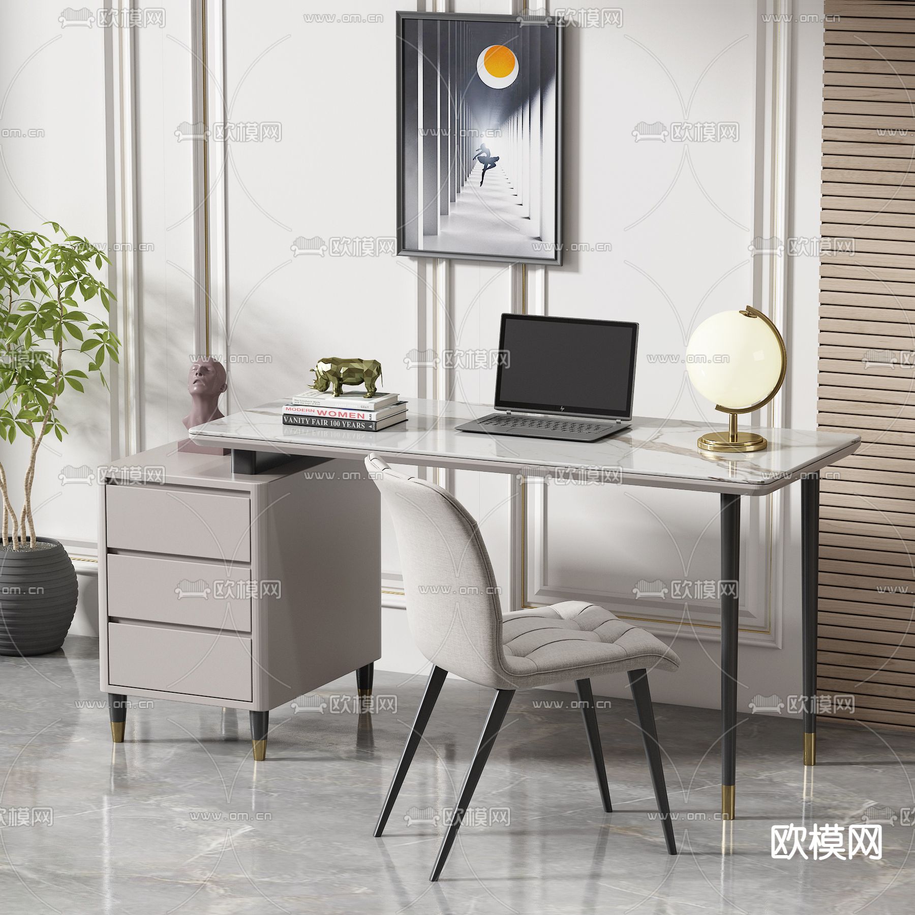 现代轻奢书桌椅3d模型下载（渲染图2）