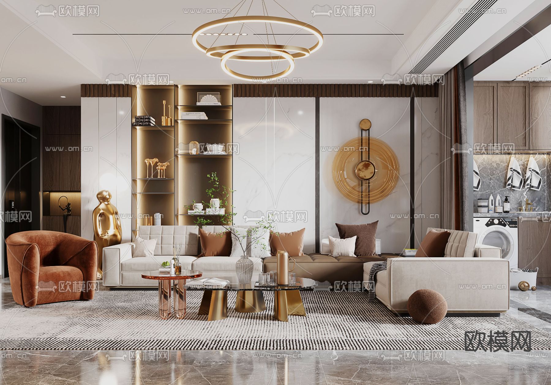 现代轻奢客厅餐厅3d模型下载（渲染图1）