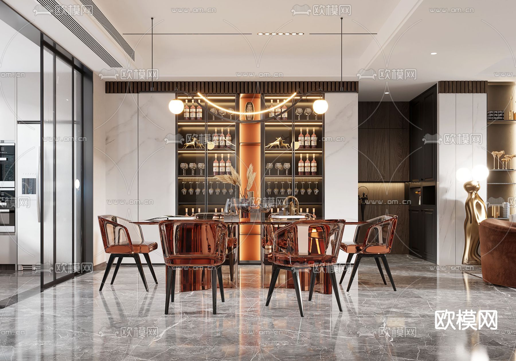 现代轻奢客厅餐厅3d模型下载（渲染图2）
