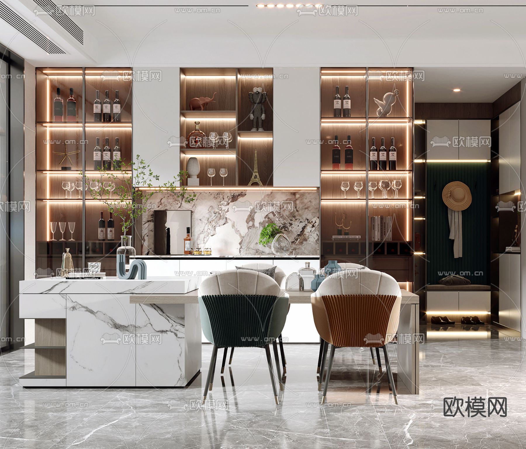 现代轻奢客厅餐厅3d模型下载（渲染图5）