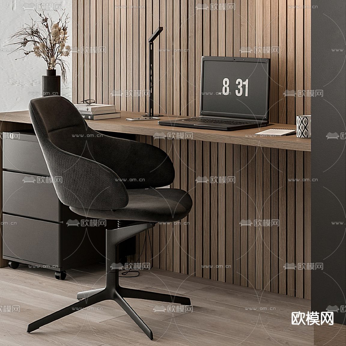 现代一体式书桌书柜3d模型下载（渲染图4）