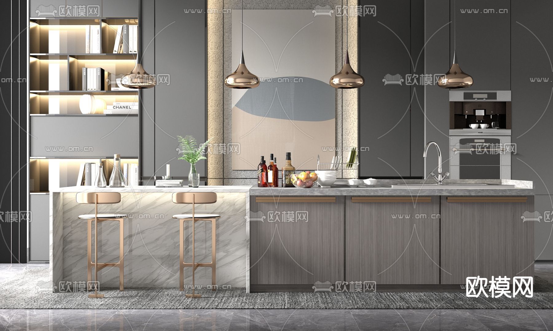 现代开放式厨房吧台su模型下载