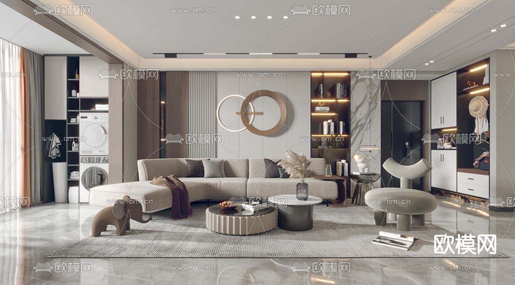 现代轻奢客厅餐厅3d模型下载（渲染图1）