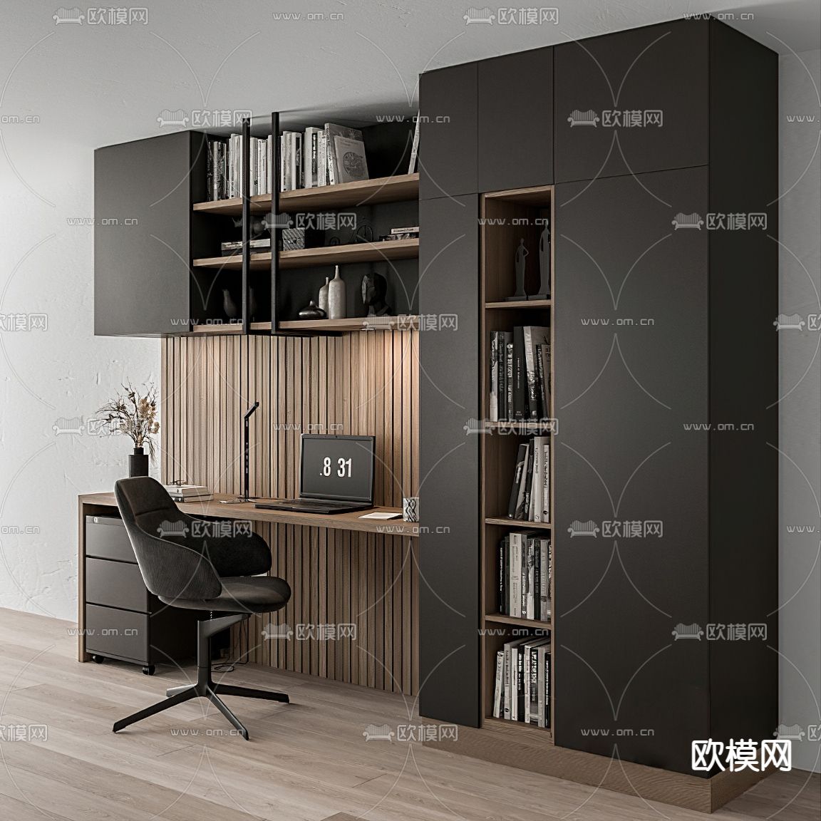 现代一体式书桌书柜3d模型下载（渲染图2）