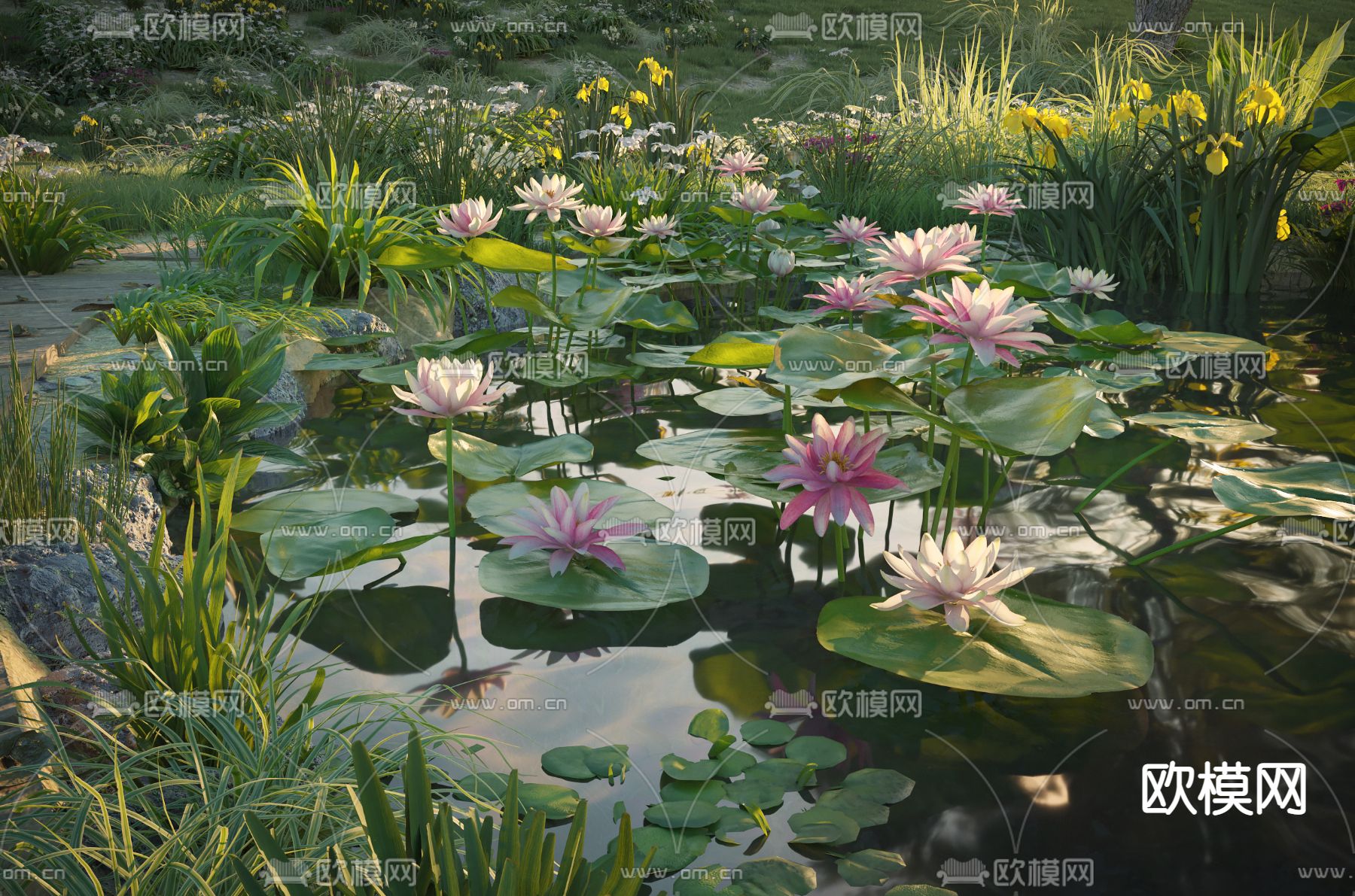 现代荷花池3d模型下载（渲染图1）