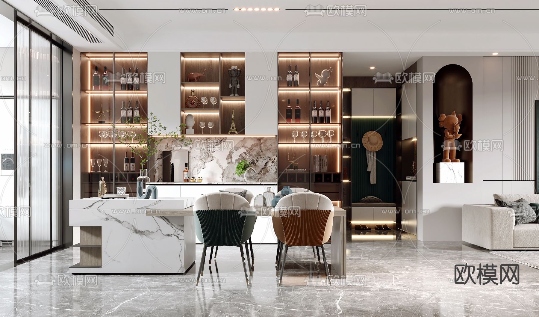 现代轻奢客厅餐厅3d模型下载（渲染图2）