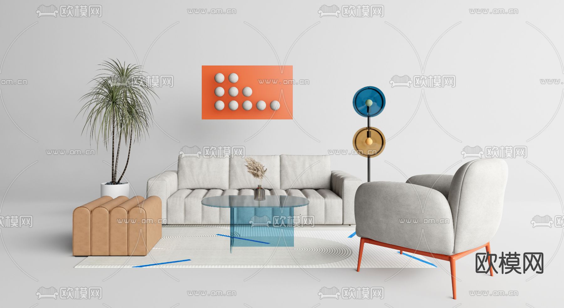 北欧布艺沙发组合su模型下载（渲染图1）