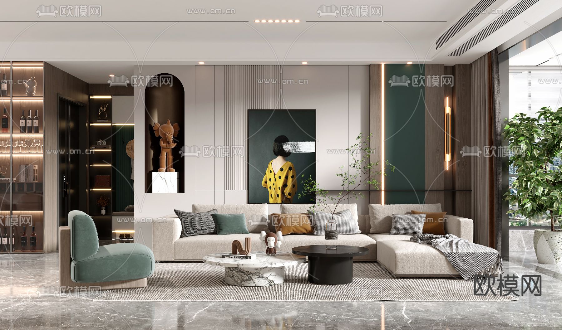 现代轻奢客厅餐厅3d模型下载（渲染图1）