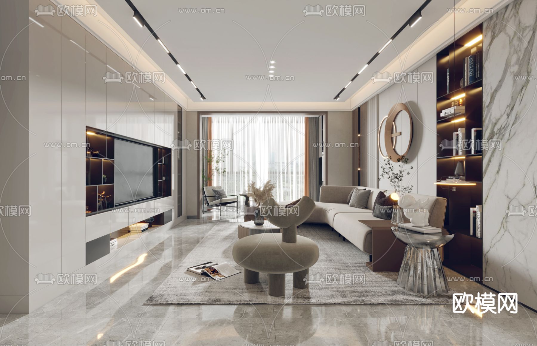 现代轻奢客厅餐厅3d模型下载（渲染图3）