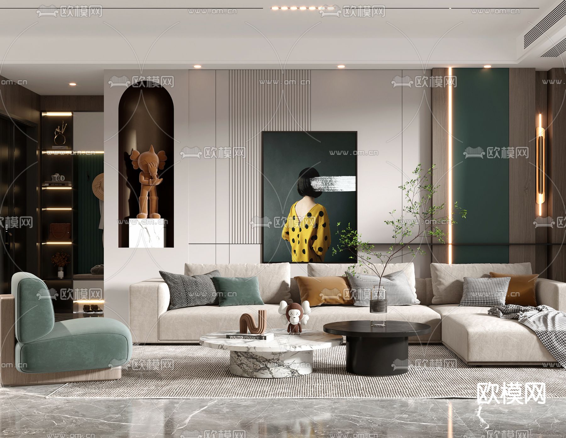 现代轻奢客厅餐厅3d模型下载（渲染图4）