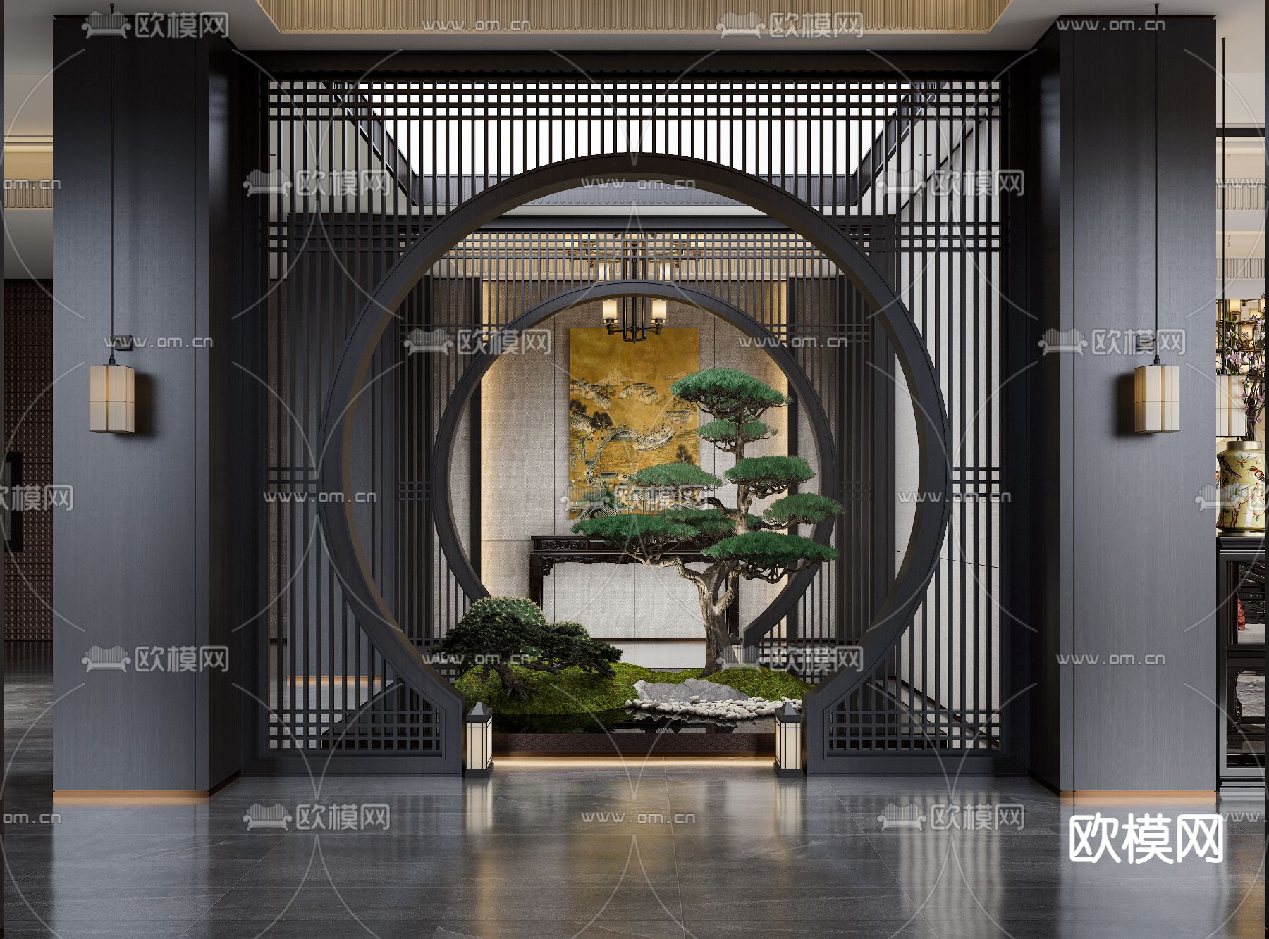 新中式玄关天井景观小品3d模型下载