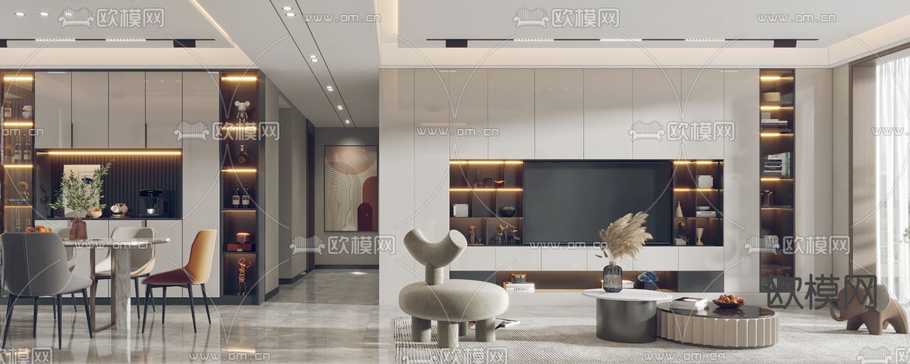 现代轻奢客厅餐厅3d模型下载（渲染图2）