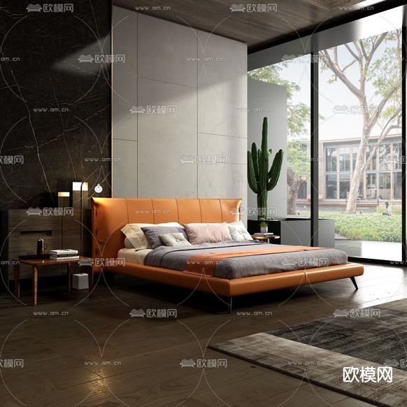 现代皮革双人床3d模型下载(渲染图1)