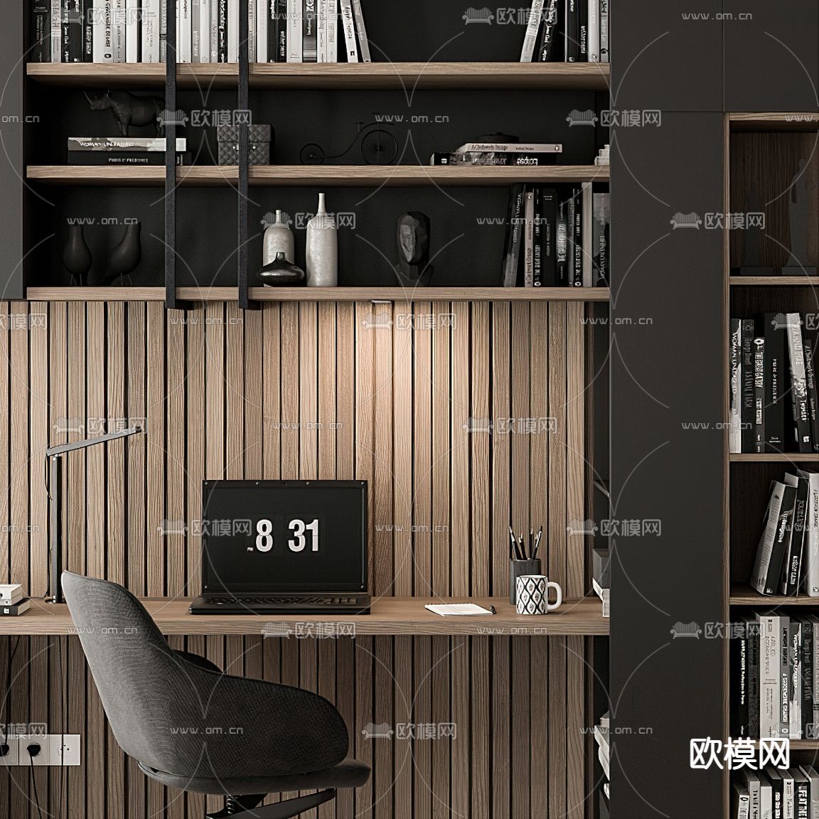 现代一体式书桌书柜3d模型下载（渲染图3）