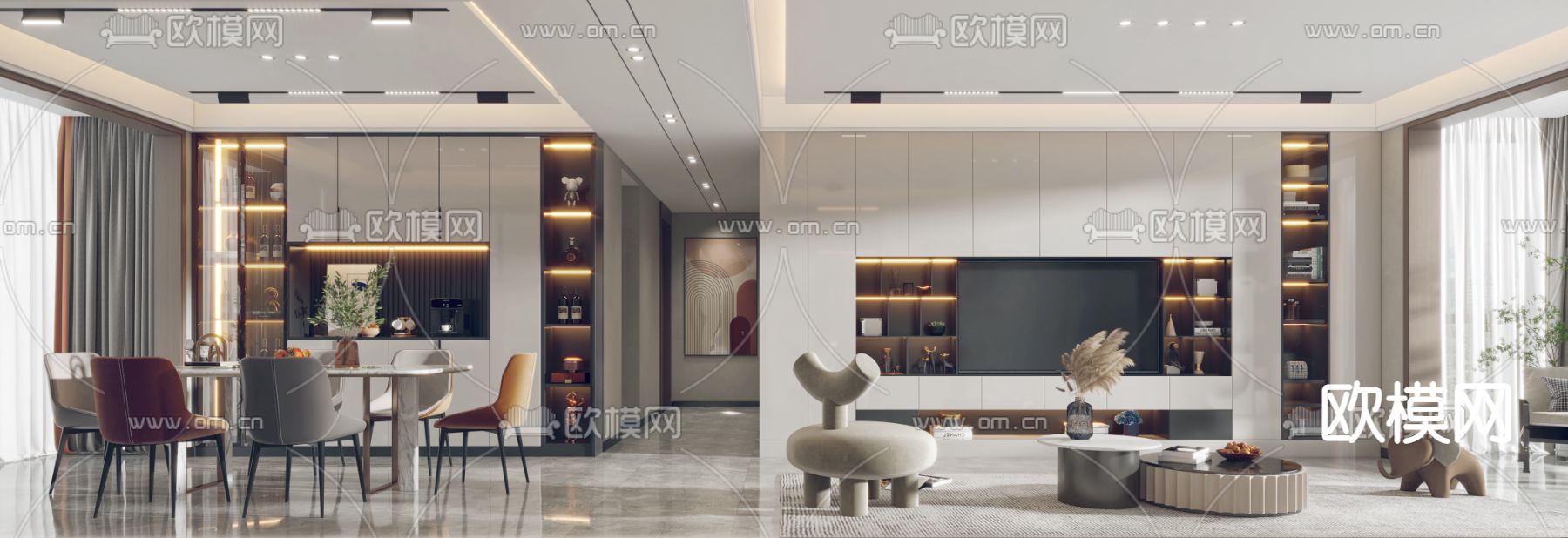 现代轻奢客厅餐厅3d模型下载（渲染图4）