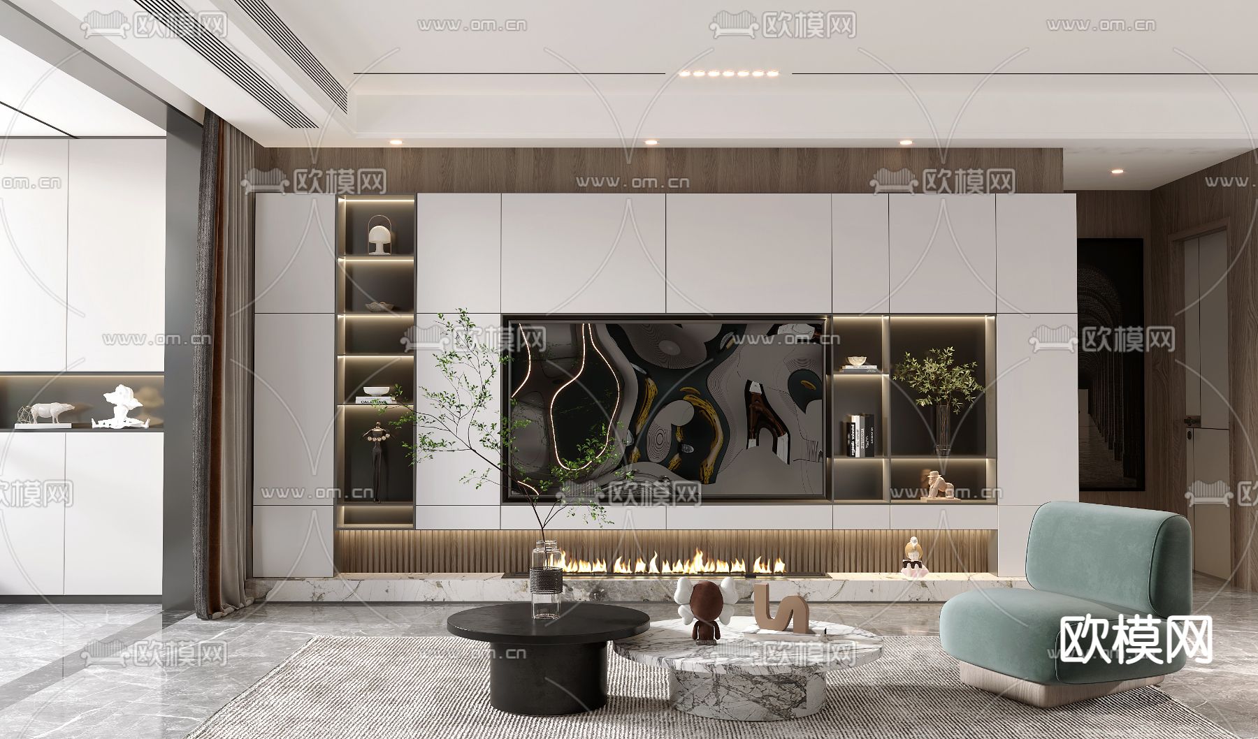 现代轻奢客厅餐厅3d模型下载（渲染图3）